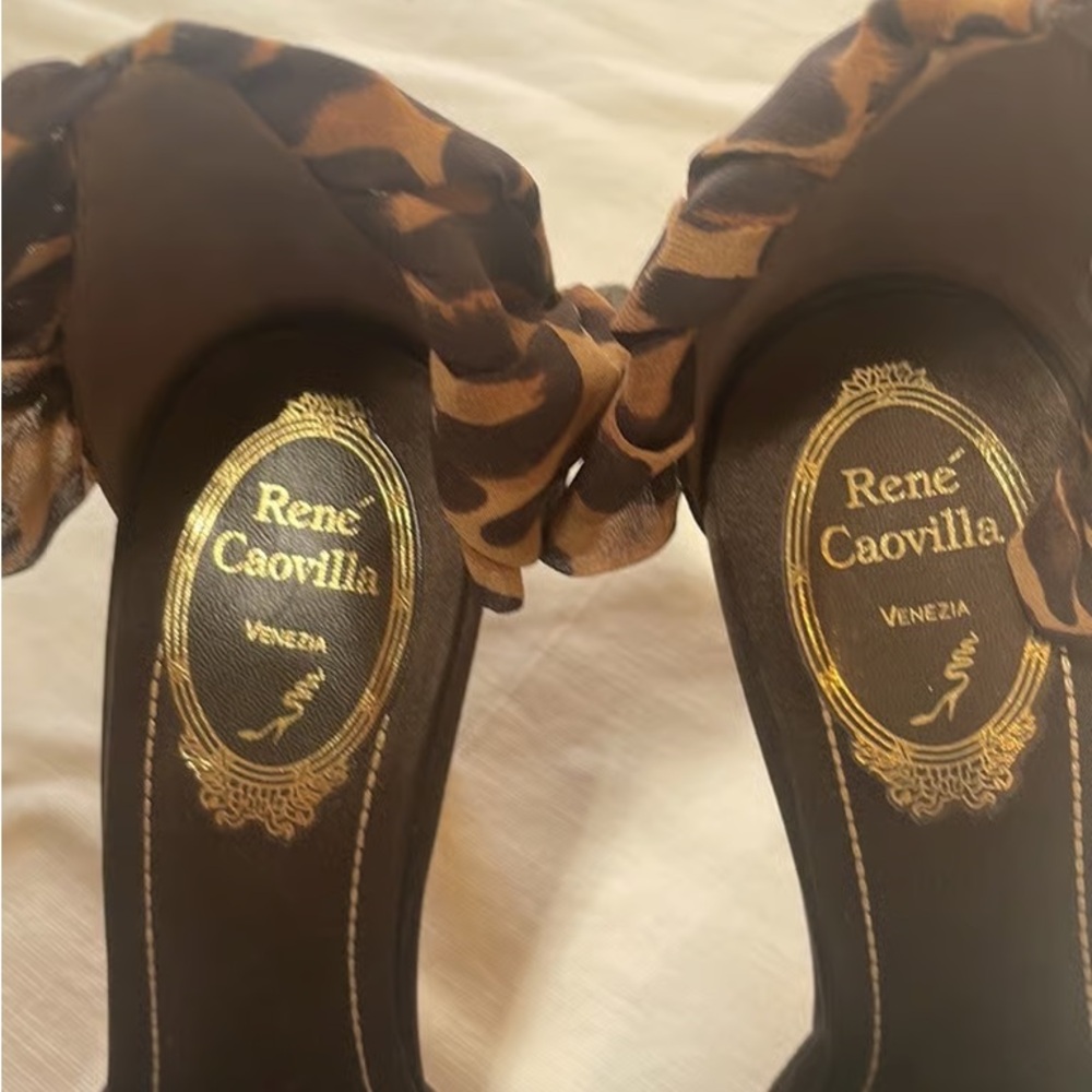 Rene Caovilla Black and Brown Heels with Leopard Bow - Picture 4 of 11